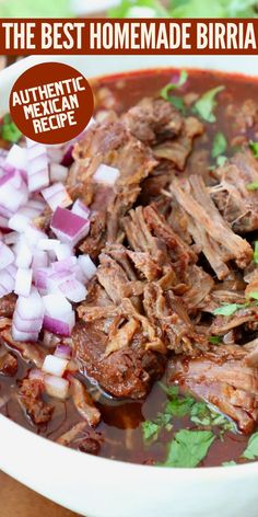 a bowl filled with beef, onions and cilantro