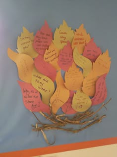 a bulletin board with many different types of notes attached to the branches and leaves on it