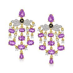 Ross-Simons - 11.80ct t. w. Amethyst, .50ct t. w. White Zircon Chandelier Earrings Over. Treat yourself to an extraordinary look for a very nice price! Our marvelous chandelier earrings dangle 11.80 ct. t. w. oval and pear-shaped amethysts and .50 ct. t. w. round white zircons in beautiful swingy drops. Finely crafted in polished 18kt yellow gold over sterling silver. Black enamel. Hanging length is 1 7/8". Post/clutch, white zircon and amethyst chandelier earrings. Amethyst birthstones are the Amethyst Chandelier, Amethyst Birthstone, Amethyst Color, Natural Gold, Summer Earring, Amethyst Jewelry, Fine Jewellery Earrings, Jewel Tones, Earrings Dangle