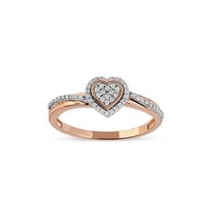 Promise your love to her with this adorable diamond heart cluster halo promise ring. Elegantly crafted in 10K rose gold, the ring showcases a heart shape cluster of shimmering round diamonds at its center, enclosed in heart shape frame of round diamonds. A ribbon of round diamonds adorns the shank gracefully, completing this charming look. Radiant with 1/10 ct.t.w of diamonds and buffed luster, this diamond heart promise ring is certain to win her heart. Ideal to be gifted, this diamond promise Promise Rings Rose Gold, Heart Shape Frame, Heart Promise Rings, Heart Shaped Frame, Diamond Promise Rings, Halo Diamond Ring, Beautiful Gift Boxes, Diamond Heart, Promise Ring