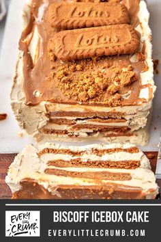 an icebox cake with frosting and cookies on top that says biscoff icebox cake