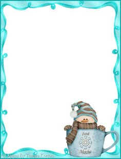 a blue frame with a snowman in a cup