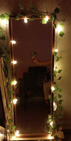 a mirror that has lights on it and some plants growing over the edge of it