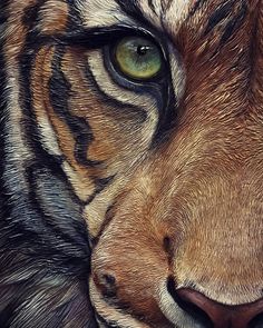 a tiger's face with green eyes is shown in this artistic painting by an artist