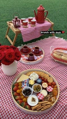 a table topped with lots of food on top of a red and white checkered table cloth