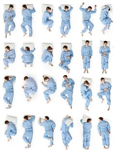 multiple images of a man in blue pajamas laying on his back and posing for the camera