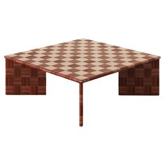 a wooden table with a checkerboard pattern on the top and bottom, sitting in front of a white background