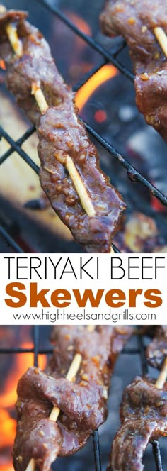 steak skewers cooking on the grill with text overlay that reads teriyaki beef skewers