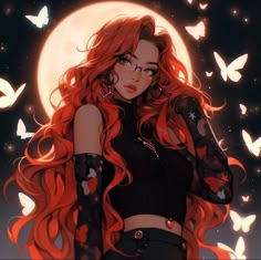 a woman with long red hair standing in front of a full moon and butterfly background