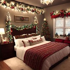 a bedroom decorated for christmas with lights and decorations