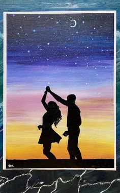 a painting of two people dancing under the stars