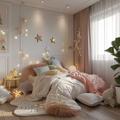 a bedroom decorated in pastel colors with stars on the wall and lights hanging from the ceiling