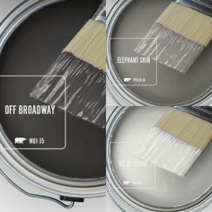 two tins of paint with the words off broadway on them and an image of a brush