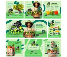 an advertisement for fresh fruits and vegetables is shown in four different colors, including green