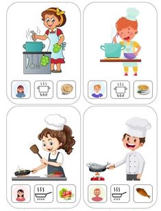 four different pictures of people cooking and having fun in the kitchen, with words that describe them