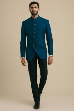 Teal Blue Suit, Wedding Outfits Men, Blue Bandhgala, Jodhpuri Suit For Men, Jodhpuri Suits For Men, Jodhpuri Suit, Black Brogues, Indian Suit, Wedding Outfit Men