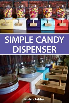 some candy dispensers are lined up on a shelf with the words, simple candy dispenser