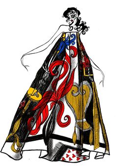 a drawing of a woman in a dress with red, white and blue designs on it