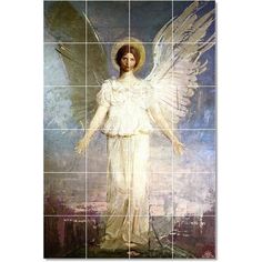 an angel with wings standing in front of a tiled wall and painting on it's side