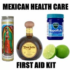 mexican health care first aid kit with limes and ginger syrup in front of it