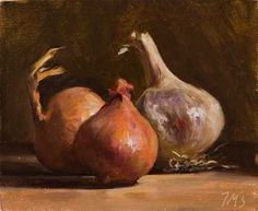 an oil painting of onions and garlic on a wooden table with a brown back ground