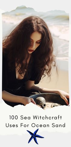 a woman is sitting on the beach with her hands in an ocean sand container and looking down