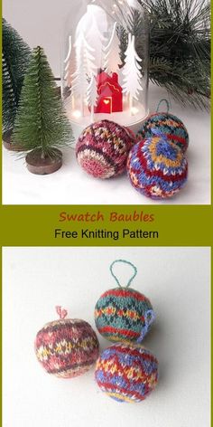 three knitted baubles sitting next to each other in front of a christmas tree