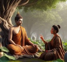 two people sitting on the ground in front of a tree with buddha statues around them