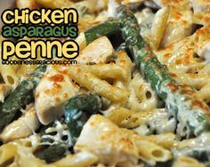 a pasta dish with chicken, asparagus and spinach