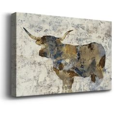 an abstract painting of a bull with long horns on it's head, against a white background