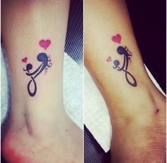 two tattoos with hearts on their ankles