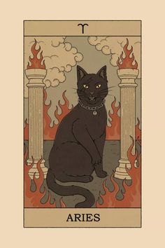 a black cat sitting on top of a table next to a burning pillar with the word aris written below it