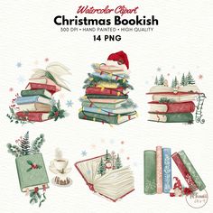 watercolor christmas bookish clipart set with books and hats on top of them