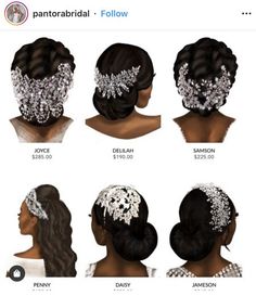 six different styles of wedding hair for the bride to wear on her wedding day, including headpieces and combs