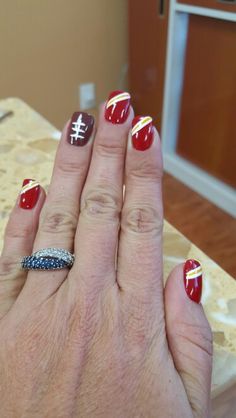 Chiefs Football Nails, Kansas City Chiefs Acrylic Nails, Cheer Nails Designs, Football Fingernails, Kc Chiefs Nails Manicures, Chiefs Nails