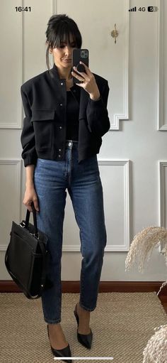 Work Style Women 2024, Sophisticated Mom Outfits, Black Bomberjack Outfit Aesthetic, Bomer Outfits Women, Feminine Classic Style Outfit Ideas, Cropped Wool Jacket Outfit, Pub Dinner Outfit, Button Down Work Outfit, Work Style Women 2023