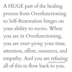 The Overfunctioning Woman over-gives and hardly ever receives. 🤦‍♀️ The Self-Restored Woman gives and receives...with ease. 🔥 It's all about balance... ⚖️ ...and deservedness ✨ ...and worthiness. ❤️‍🩹 #selfrestorationismine #overfunctioningwoman #overfunctioning #giving #receiving #codependency #codependentnomore #selfworth #deserve #deserving #worthy #worthiness #selfhelp #selfhealing #personalgrowth #personaldevelopment #psychology #therapy #mentalhealth #women #womenempowerment #women... Overfunctioning Woman, Divorce Healing, Cycle Breaker, Improve Relationship, Holding Space, Self Healing Quotes, Emotional Awareness, How To Improve Relationship