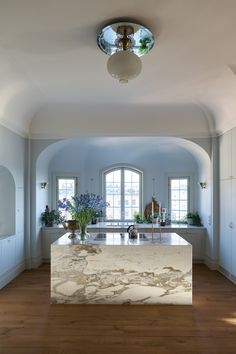 a large kitchen with an island in the middle and two windows on each side, along with potted plants