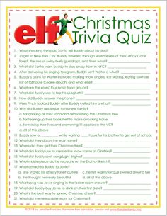 the elf christmas trivia quiz is shown in red and green with white trimmings