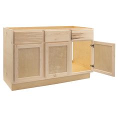 a wooden cabinet with two doors and three cupboards on the bottom, one door open