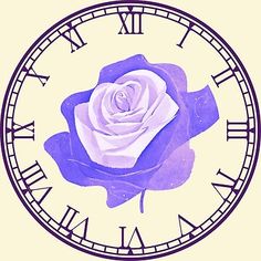 a drawing of a purple rose with roman numerals on the face of a clock