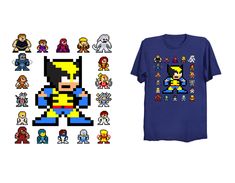 an old school video game character t - shirt next to other pixel art items and stickers