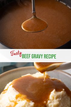 a spoon is pouring gravy over mashed potatoes in a skillet and then being drizzled with gravy