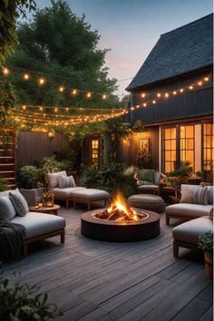 Elegant backyard patio setup for entertaining Backyard With Lights Patio, Patio Fire Pit Ideas Seating Areas, Fire Pit Patio Ideas Backyard, Backyard Set Up, Pretty Backyard Ideas, Backyard Firepit And Seating Area, Cozy Outdoor Seating Fire Pits, Fire Pit On Deck, Fire Pit With Twinkle Lights