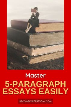 a woman sitting on top of a stack of books with the title master 5 - paragraph