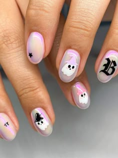 #1 #aesthetic #tiktok #nails #nailart #nailpolish #nailsofinstagram #naildesign #nailstagram #nailsoftheday #halloween #halloweennails #nailart #shortnails #natural #naturalnails #ghost #pumpkin #purple #black #gelnails Halloween Short Nails Simple, Cute Ghost Nails Short, Natural Halloween Nails Short, Very Short Halloween Nails, Halloween Kid Nails, Squoval Halloween Nails, Short Gel Nails Halloween, Short Nails Halloween Designs, Short Easy Nails