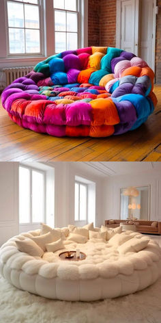 there are two different types of bean bag chairs in the same room, one is white and the other is multicolored