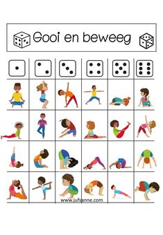 a game with people doing yoga poses in front of the words,'cool en beweg '