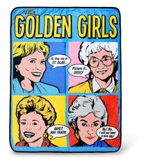 the golden girls fleece blanket is shown in four different colors and features cartoon characters