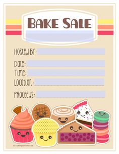 a cake sale sign with different types of cakes